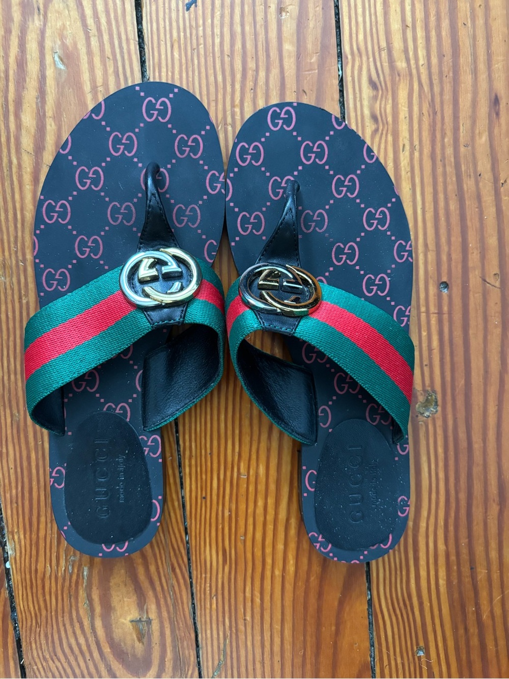 Black and Green Sandals with Red Stripes
